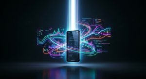Smartphone displaying code floating over a dark background, wrapped in colorful neon light trails, data graphs, and mathematical formulas.
